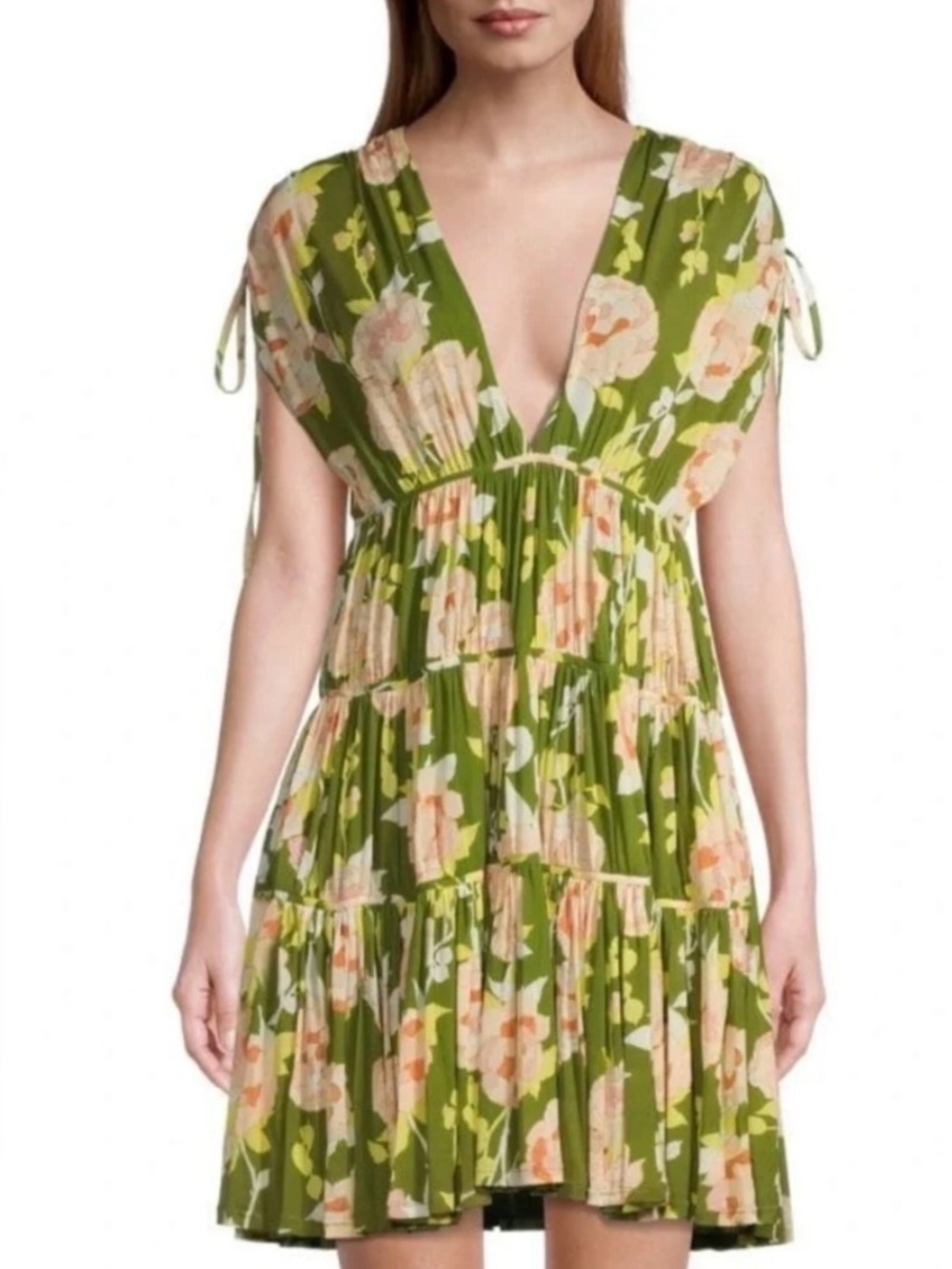 Rebecca Taylor Olive Green Floral V-Neck Tiered Dress